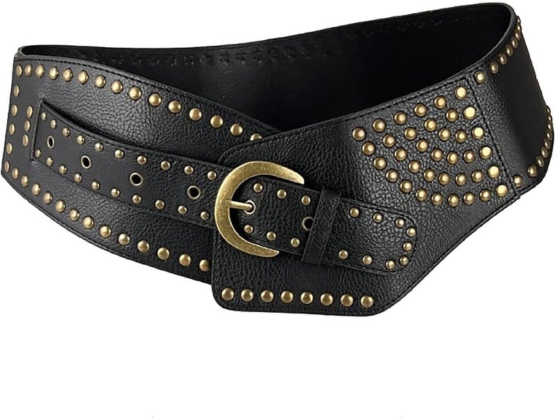Womens Studded Belt Vintage Wide Elastic Chunky Waistband Boho Disc Leather Waist Belt Y2k Goth Punk Rock Halloween Belt